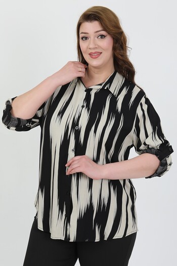 By Alba Collection Women's Black White Cotton Viscose Plus Size Shirt