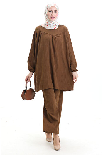 sefamerve Tunic Trousers with Elastic Sleeves Double Set 0103-02 Brown