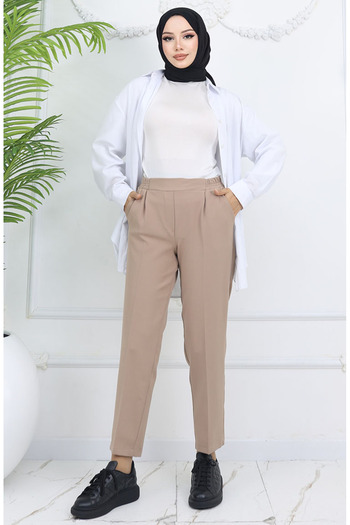 sefamerve Elastic Waist Carrot Trousers 4002-05 Milky Coffee