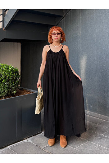 Bak'ap Premium Perry 100% Cotton Flight Flight Lined Long Bohemian Dress with Thin Straps