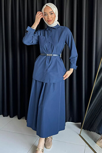 julude Navy Blue Women's Single Pocket Belt Accessory Hijab Shirt Skirt Double Set