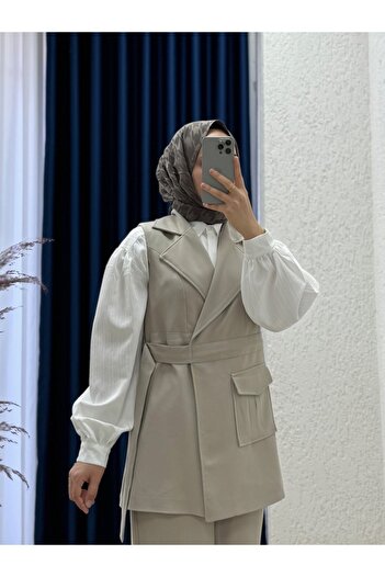Mihra Veloria Single Pocket Side Tie Vest Suit-Ml3043 Stone