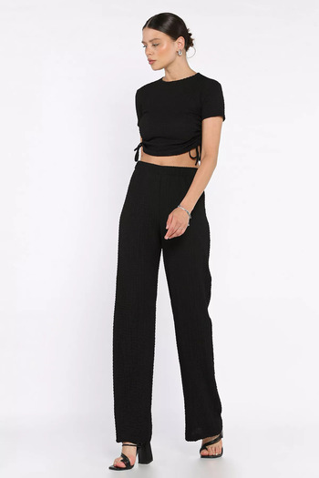 GÜLSELİ Black Women's Self Patterned Side Gathered Blouse Trousers Double Suit