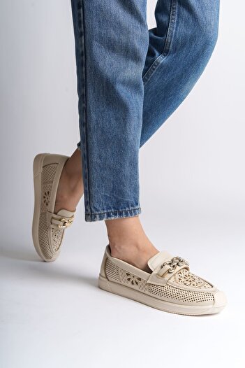 Joy Ayakkabı Layla Laceless Orthopedic Comfortable Sole Flower Patterned Women's Ballerina Shoes Ckt - Cream