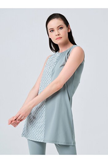 ALFASA One Side Patterned Zero Sleeve Semi Closed Swimsuit - Mildew Green - Alfasa
