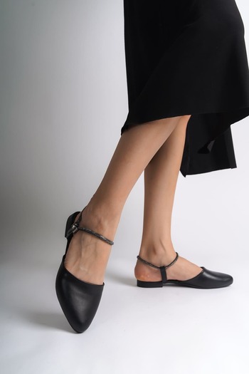 Joy Ayakkabı Ariana Elastic Orthopedic Comfortable Sole Ankle Stone Detailed Women's Ballerina Shoes Cst - Black