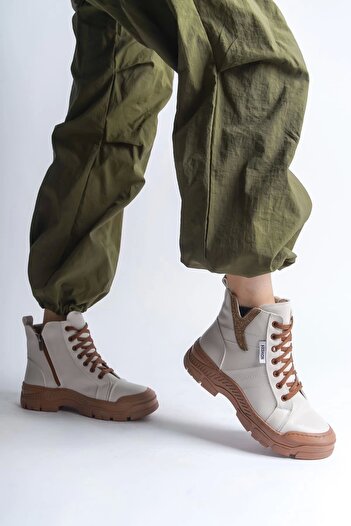 Joy Ayakkabı Amber Lace up Zippered Orthopedic Sole Women's Boots Tt - Cream
