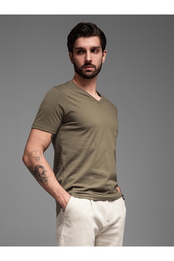OMBRE Ανδρικό κλασικό βαμβακερό μπλουζάκι BASIC με στρογγυλή λαιμόκοψη - σκούρο λαδί V6 OM-TSBS-0145 S