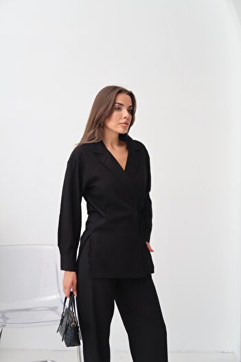 Paw Garage Women's Zarae Double Breasted Collar Side Tie Suit, Shirt-Pants Suit
