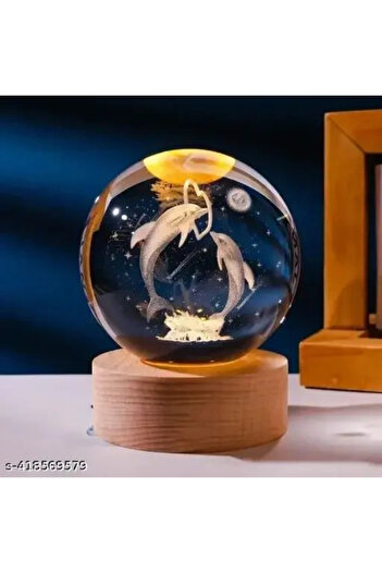 BaoBao 3D Crystal Globe Night Light with Dolphins – 10cm, wooden base, warm decorative ambient light