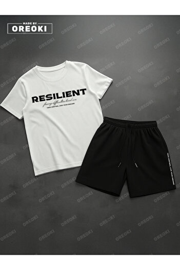 EFFRENATU Durable Printed Cotton Fabric Men's White T-Shirt-Siayh Shorts Set