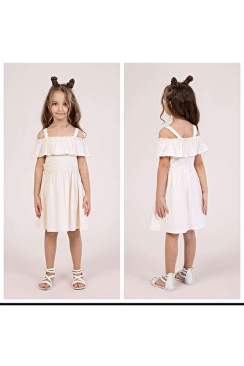 Dmb Girls' Off-The-Shoulder Zipper Closure Lace Embroidery Embroidered Muslin Fabric Woven Dress