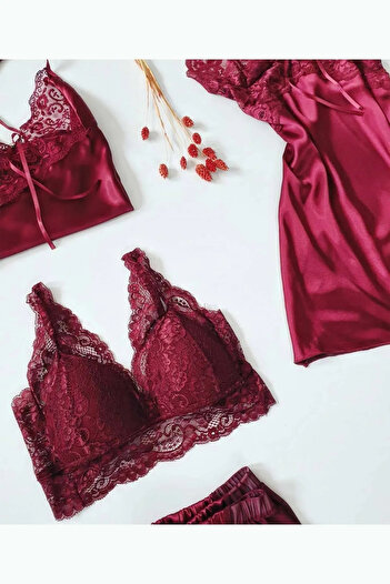 cdh çeyize dair herşey 5 Piece Satin Burgundy Shorts and Bra Dowry Set