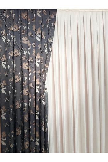 DİLETTO Gray Beige Patterned Taffeta Background Curtain Compatible with Cornice (Frequent Pleats / Ironing Not Preferred)