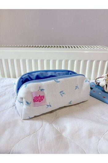 girlsybags White Blue Floral Single Eyed Pen Holder Washable Ribbon Lace Zippered School Pencil Case