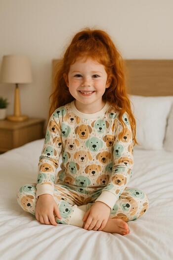 opheliateks Dog Patterned Pajama Set for Girls and Boys - Brown