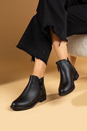 Pembe Potin Women's Black Poly Sole Zippered Daily Comfortable Molded Inner Warm Lined Boots