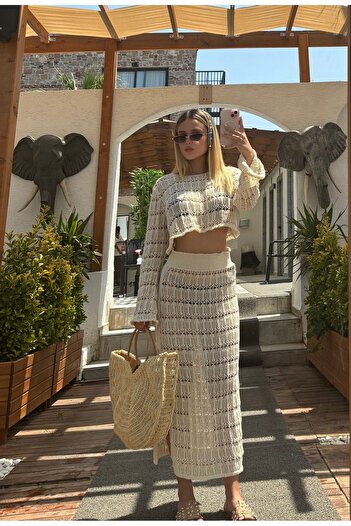 B2K FASHION Openwork Summer Beach Knitwear Bottom Top Set