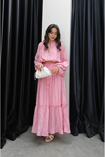 Bak'ap Premium Wrinkle Pattern Flounced Ruffled Trend Shirt Blouse-Long Skirt 2-Piece Set