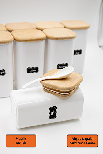 Reyok Home Set of 8 Wooden Lid 300 ml White Spoon Mica Spice Jar Storage Container Set Vacuum Leakproof Lid