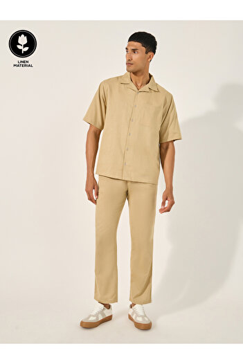 Styli Linen Blend Shirt and Pant Co-Ords Set with Chest Pocket