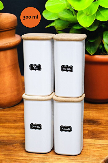 Reyok Home Set of 4 Wooden Lid 300 ml White Spoon Mica Spice Storage Container Set Vacuum Leak Proof Lid