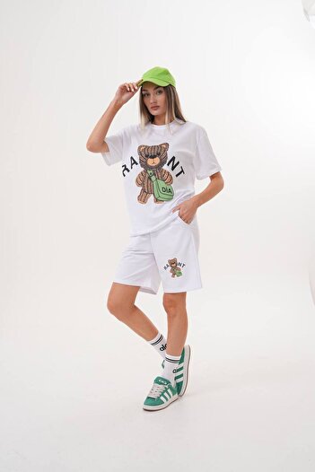 369 etnik butik Ravmnt Bear Printed Oversize Shorts Set