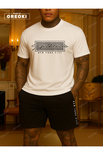 EFFRENATU Authentic Printed Cotton Fabric Men's White T-Shirt-Black Shorts Set