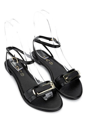 Tamer Tanca Women's Genuine Leather Black Patent Leather Flat Sandals