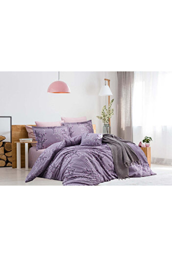 DemoHome Double bed linen set made of satin cotton with pattern - fitted sheet, flat sheet, 2 pillowcases