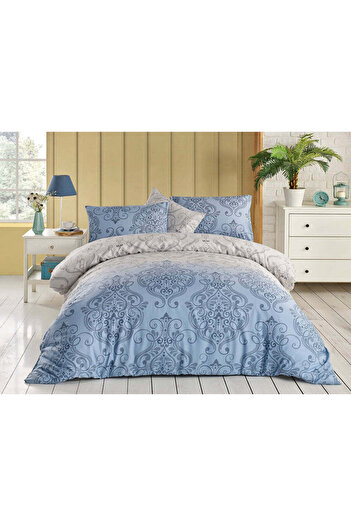 DemoHome Double king size satin cotton bedding set with pattern, fitted sheet, bed, 2 pillowcases
