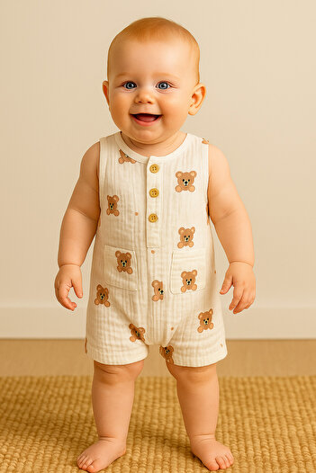 KapsülBebek 100% Organic Cotton Muslin Summer Baby Romper with Teddy Bear |   Sleeveless Unisex Casual Jumpsuit