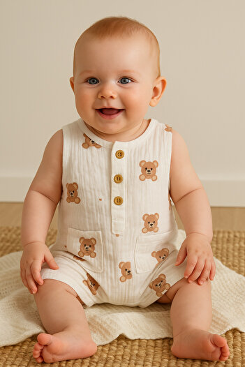 KapsülBebek 100% Organic Cotton Muslin Summer Baby Romper with Teddy Bear |   Sleeveless Unisex Casual Jumpsuit