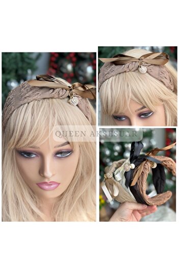 QUEEN AKSESUAR Luxury Crystal Stone Crown Gold Gold Hanging Bulk Ribbon Satin Bow Ribbon Women Brown