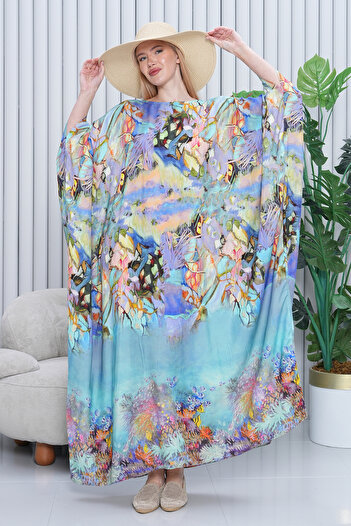 EL jadida Rochie lungă din viscoză oversize cu model de damă albastră