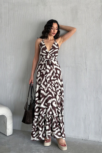 Mila Brown Patterned Strappy Double Breasted Long Dress