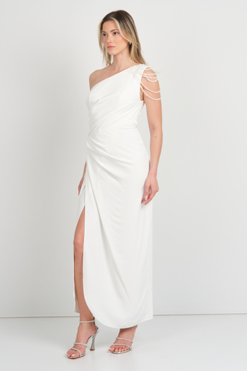DORİDORCA Doridorca Women's One Shoulder and Shoulder Stone Detailed Long Evening Dress 6053 White