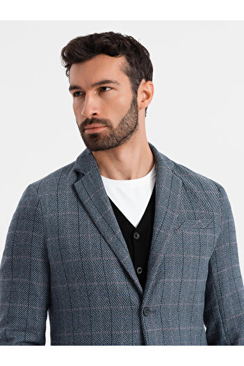 OMBRE Herren Jacquard-Blazer in zartem Karomuster - Graphit V1 OM-BLZB-0119 XL