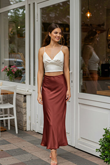 Trendyol Collection Tile Fish Form Long Satin Skirt Twoss25Et00175