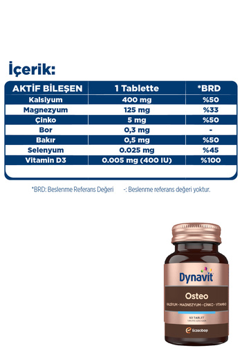 Dynavit Osteo 60 Tablet - Eklem&Kemik - Kalsiyum, Magnezyum, Çinko, Bor, Bakır, Selenyum, Vitamin D3