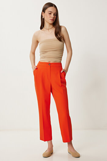 Happiness İstanbul Orangefarbene, hoch taillierte, gewebte Hose für Damen WF00121