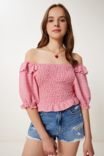 Happiness İstanbul Rosa karierte, dehnbare, gewebte Crop-Bluse für Damen TP00070