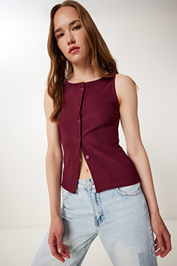 Happiness İstanbul Women's Burgundy Buttoned Flexible Corded Knitted Vest Zv00325