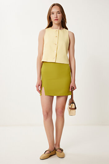 Happiness İstanbul Women's Oil Green Slit Mini Woven Skirt Tp00074