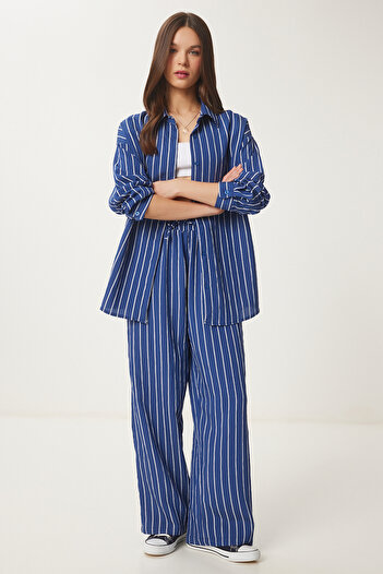 Happiness İstanbul Navy Blue Striped Women's Shirt and Pantalon Suit By00058