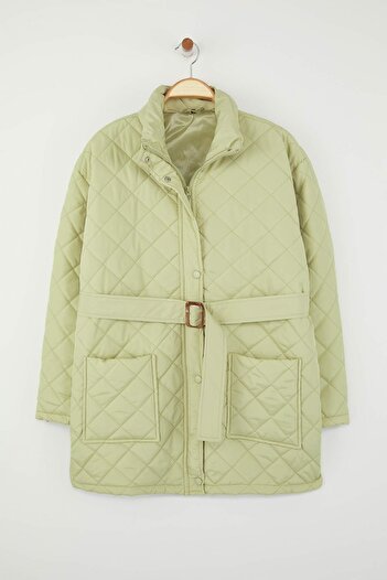 Trendyol Curve Green Regular Fit Belted Water Repellent Quilted Plus Size Coat Twoaw26Aw00015