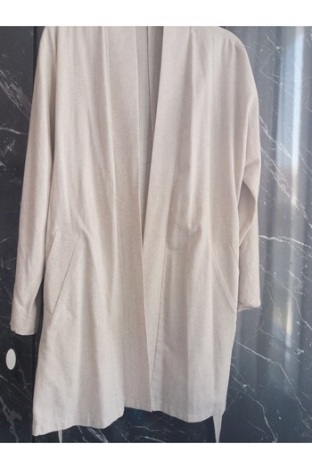 Dagü Design Women's Long Beige Belt Linen Kimeno
