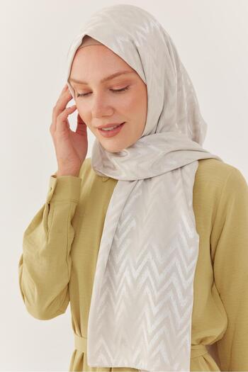 MİRSOY SCARF Shiny Jacquard Zigzag Patterned Shawl - Off-White