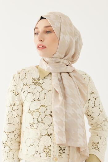 MİRSOY SCARF Shiny Jacquard Patterned Houndstooth Shawl - Milky Brown