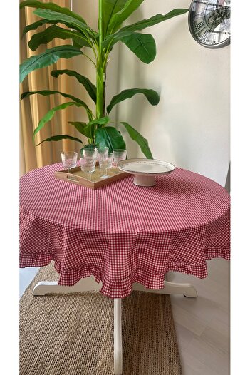 Decamor home Thin Keten Kumaş Kırmızı Mini Pötikareli Fırfırlı Yuvarlak Masa Örtüsü